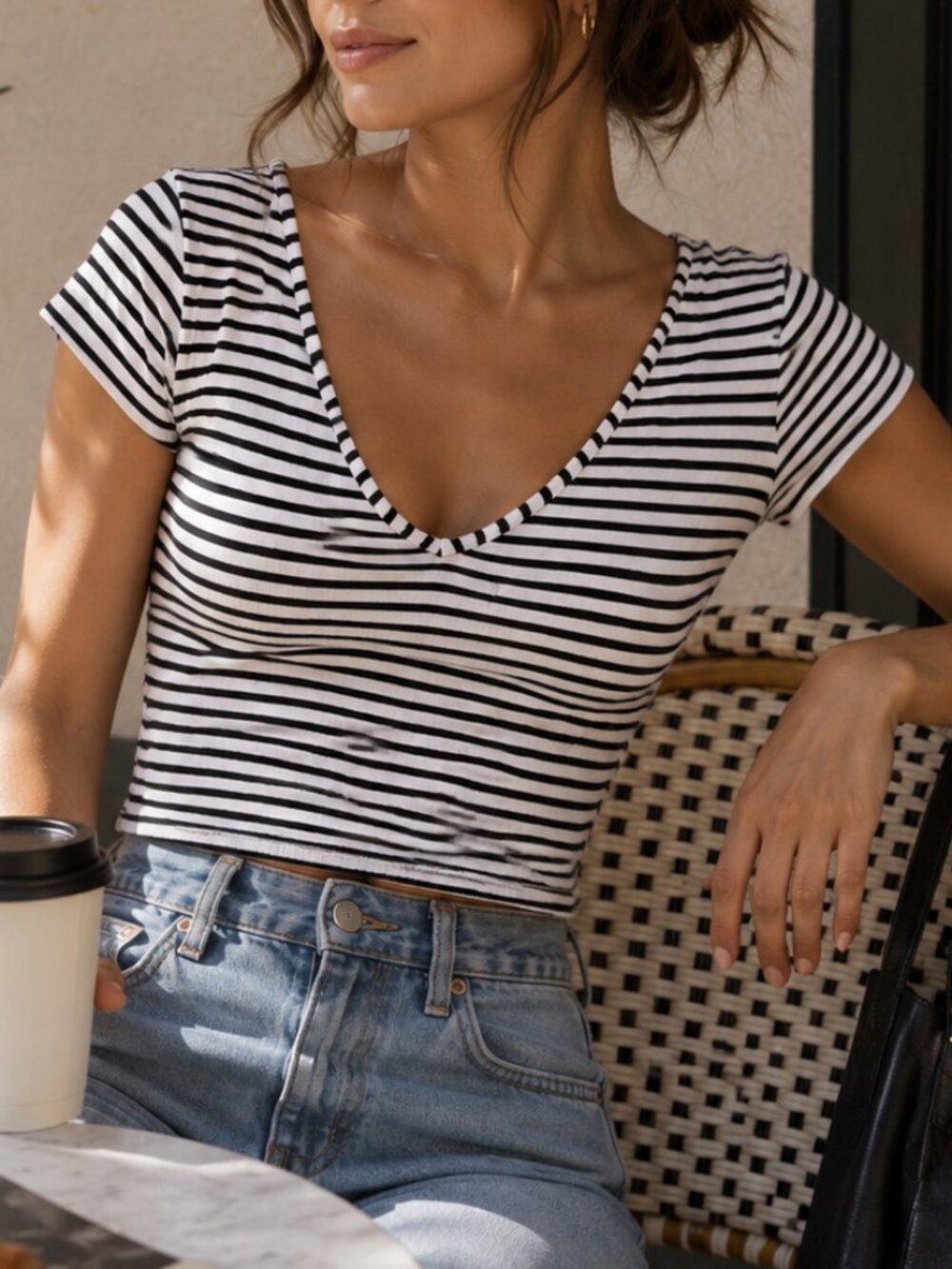 Garage | Black & White Striped V-Neck Short Sleeve Crop Top